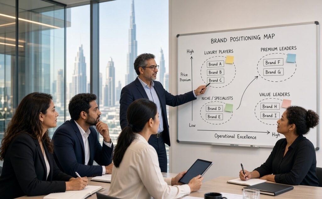 Diverse leadership team engaged in brand strategy consulting session, reviewing a brand positioning map on whiteboard with Dubai skyline visible through the window