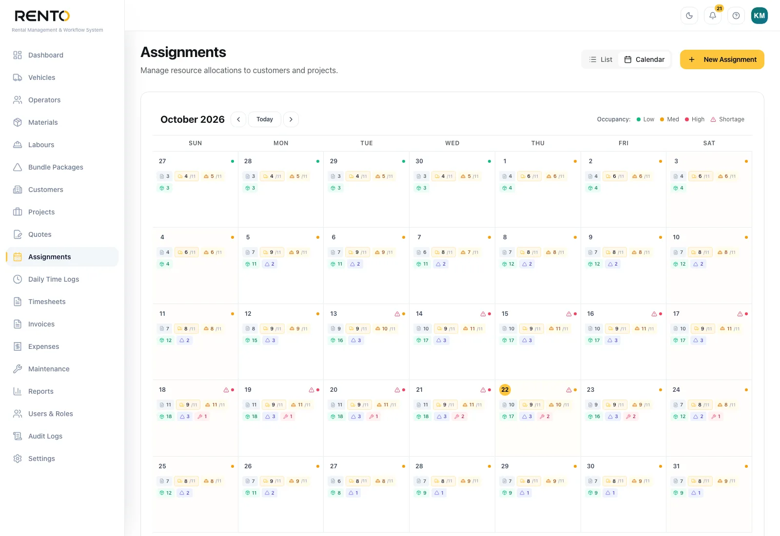 Assignments calendar