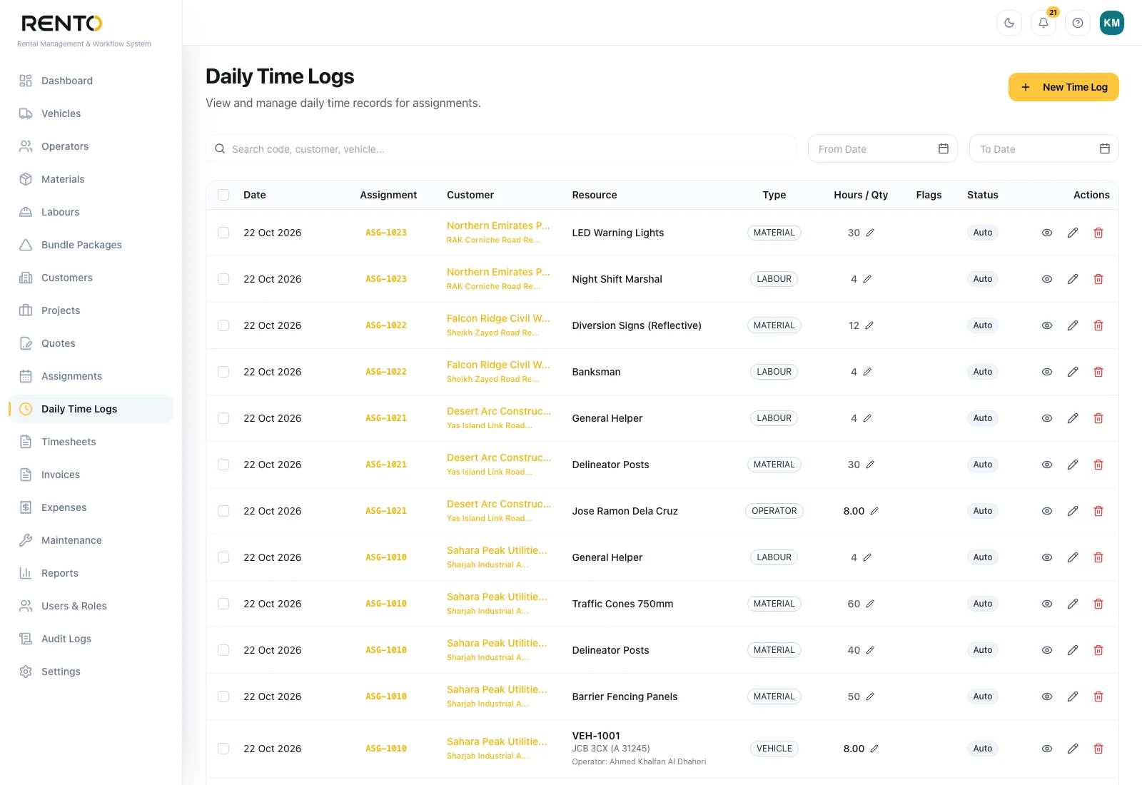 Daily time logs